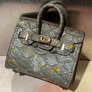 👜 Handmade Genuine Leather Mini Grey Gold Accents Birkin Textured Tote Bag Charm